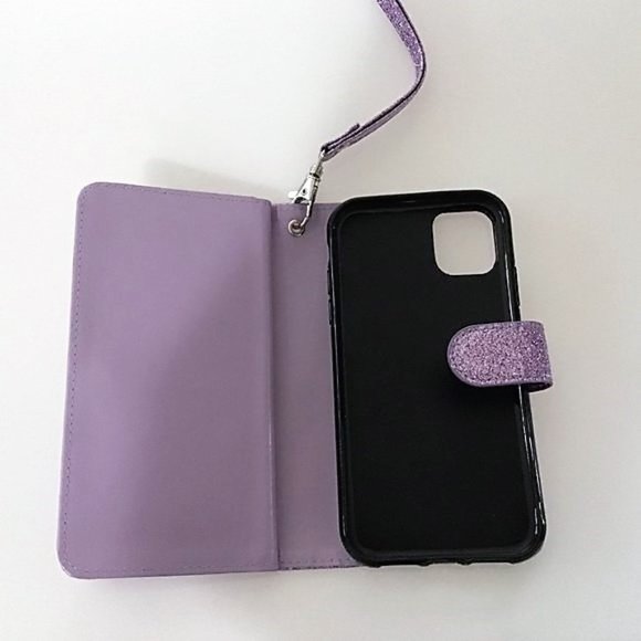 PHONE 11 6.1" GILTTER PURPLE FLIP WALLET WRIST STRAP CARD HOLDER - Picture 5 of 16